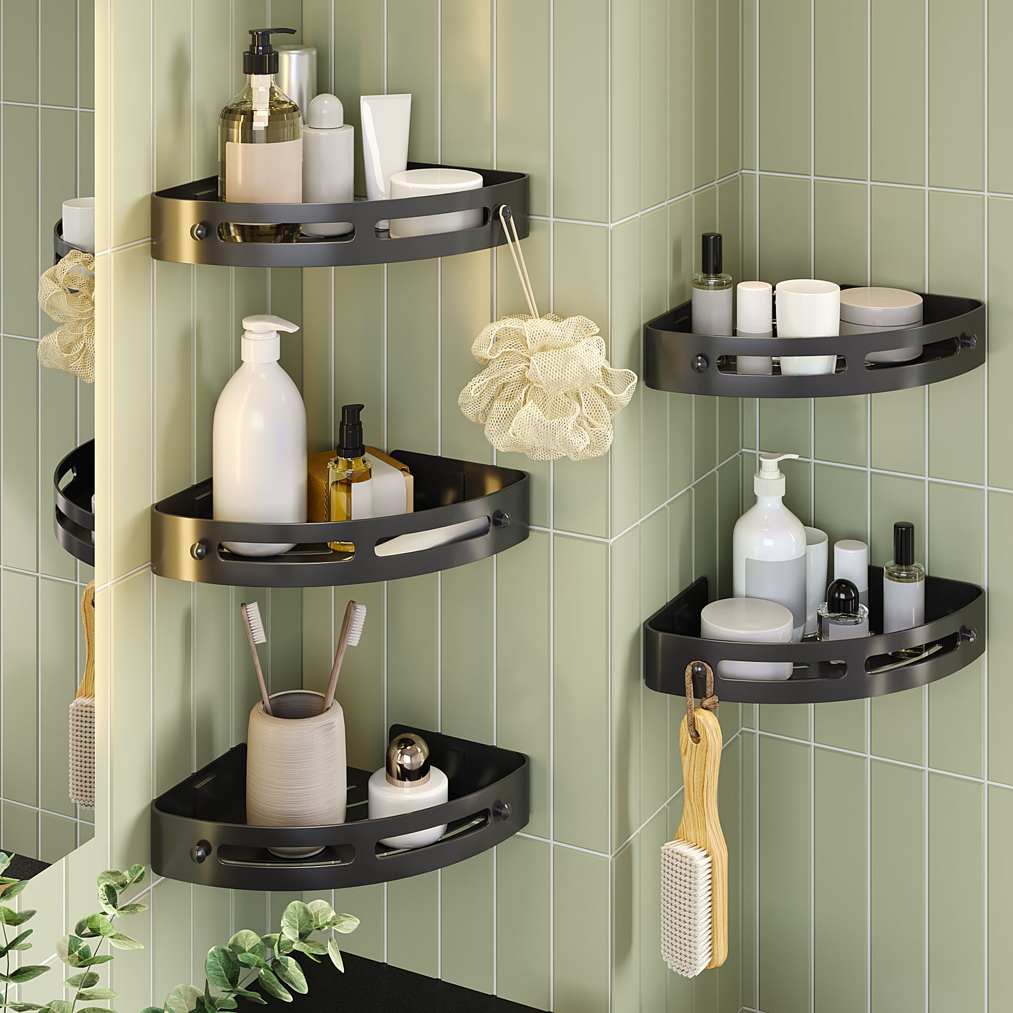 5 Pack Corner Shower Caddy,Adhesive Organizer Shelf for Bathroom Storage,Home Decor,Kitchen,No Drilling,Black