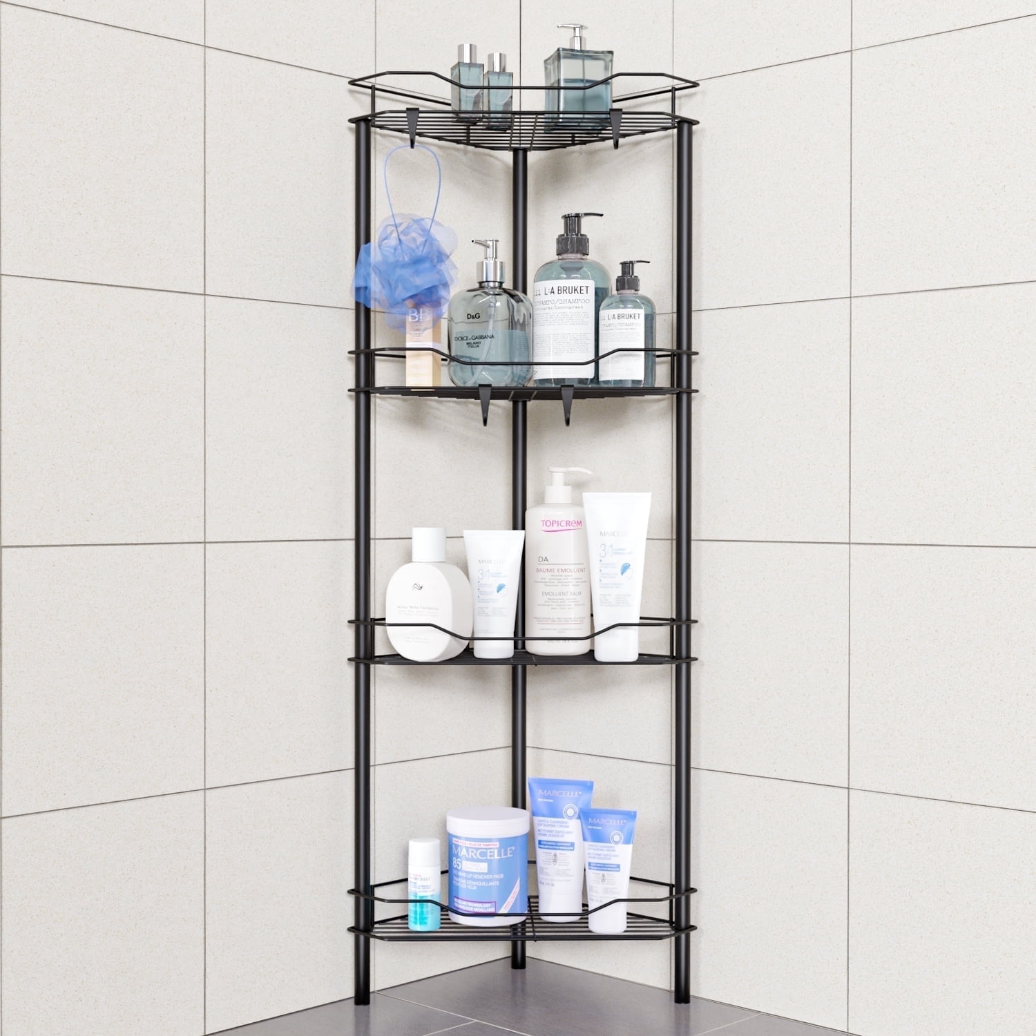 TINANA Corner Shower Caddy: 4 Tier Corner Shelf Organizer, Floor Standing Shower Caddy for Bathroom, Rest Room, Black