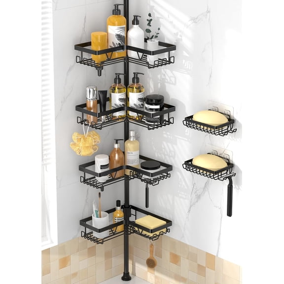 4-Tier Tension Pole Shower Caddy with 2 Removable Soap Holders, Adjustable 25-114.2 Inch, Matte Black, Rust-Resistant Stainless Steel