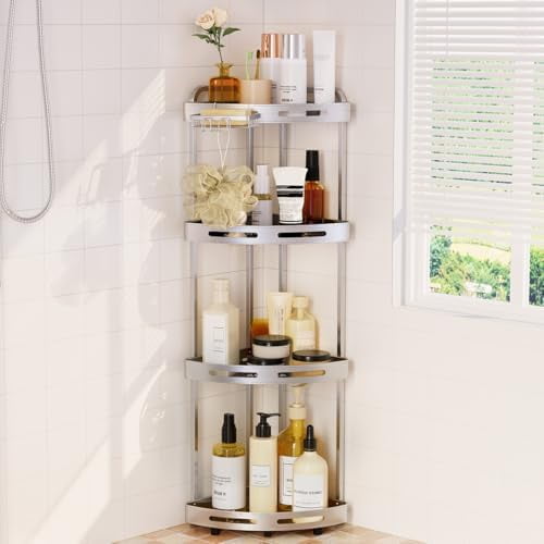Corner Shower Caddy, 4 Tier Standing Shower Organizer with Soap Holder, Rustproof Stand Shower Shelves for Bathroom Shampoo Storage, Silver