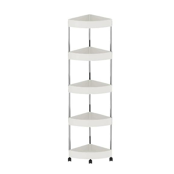 Corner Shower Caddy, 5 Tier Rustproof Floor Standing Shower Organizer, Plastic Metal Splicing Floor Shower Corner Shelf Rack Storage Stands With Wheel for Bathroom, White