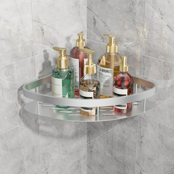 Corner Shower Caddy Adhesive Shower Shelf Corner No Drilling Bathroom Shower Organizer Storage Rack (1-Pack, Silver)
