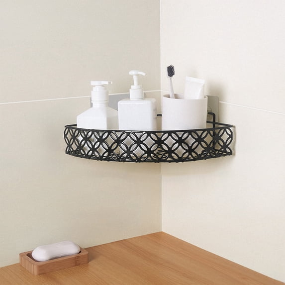 Corner Shower Caddy, Black Rust-Resistant Iron, Adhesive Mount Bathroom Organizer, Shampoo Storage Shelf, Space-Saving Triangle Rack for Shower Stall