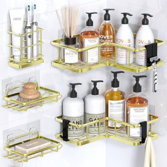 Corner Shower Caddy Organizer, 5-Pack Self-Adhesive Rustproof Bath Shelves with Soap Holder & 4 Hooks, Large Capacity Shower Storage Rack for Bathroom Organization, Gold
