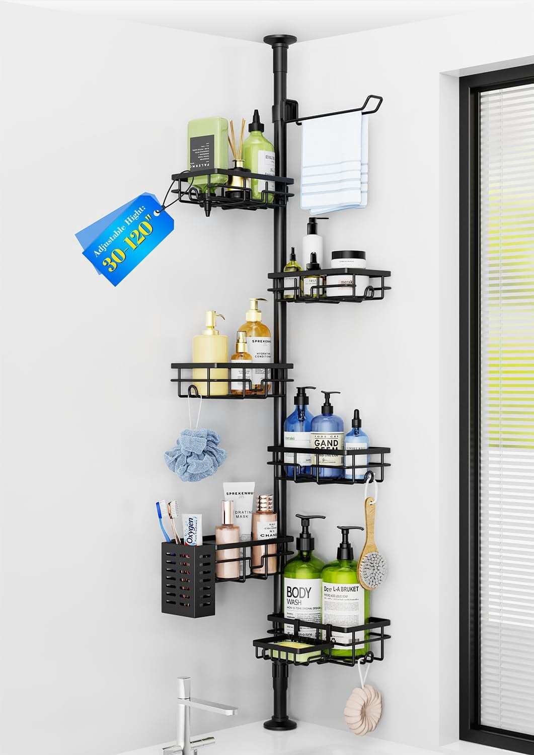Corner Shower Caddy Organizer Tension Pole, Adjustable 6 Shower Shelves Corner Shelf 30-120Inch Rustproof Shower Rack for Inside Shower, Extra Towel Bar Soap Dish Bathroom Organizers and Storage