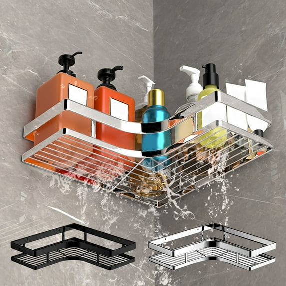 Corner Shower Caddy Shelf, Stainless Steel Rustproof Bathroom Organizer with No-Drill Mount, Drainage Corner Rack for Small Bathroom Shower Storage
