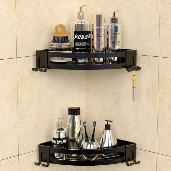 Corner Shower Caddy, Shower Shelf Corner No Drilling Bathroom Shower Organizer Storage Rack Adhesive with Razor Holder, 2 Pack, Black