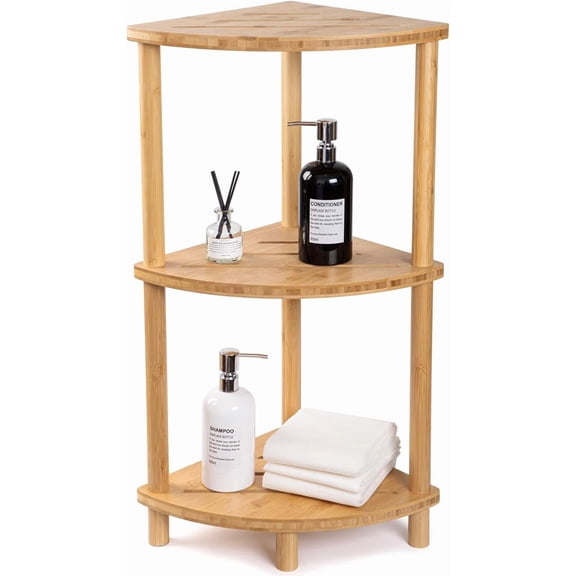 Corner Shower Caddy Stand, Bamboo Shower Organizer Standing with Anti-Slip Feet, Bathroom Corner Shelf,Waterproof & Durable, Space-Saving Design Storage for Kitchen or Living Room