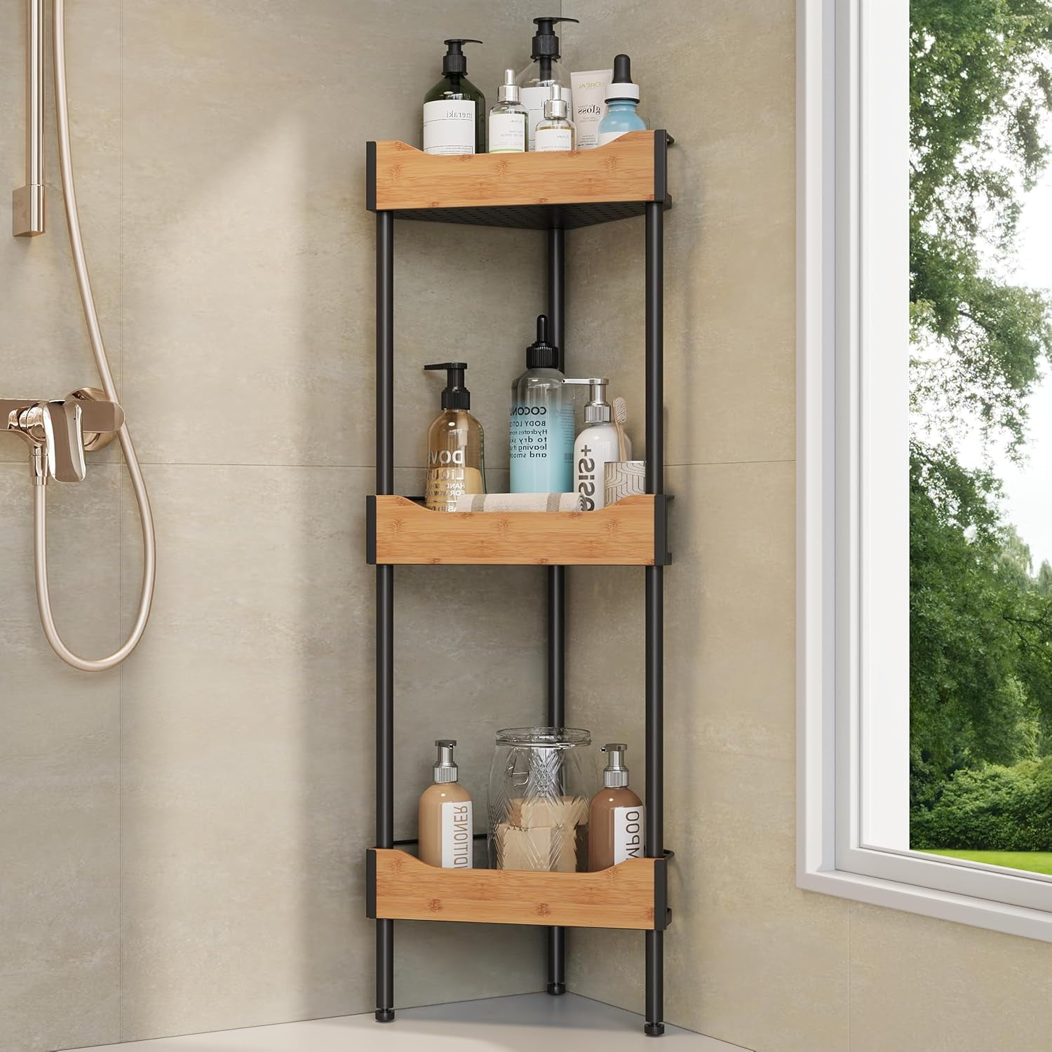 Corner Shower Caddy Standing, 3 Tier Shower Organizer, Wood Bathroom ...