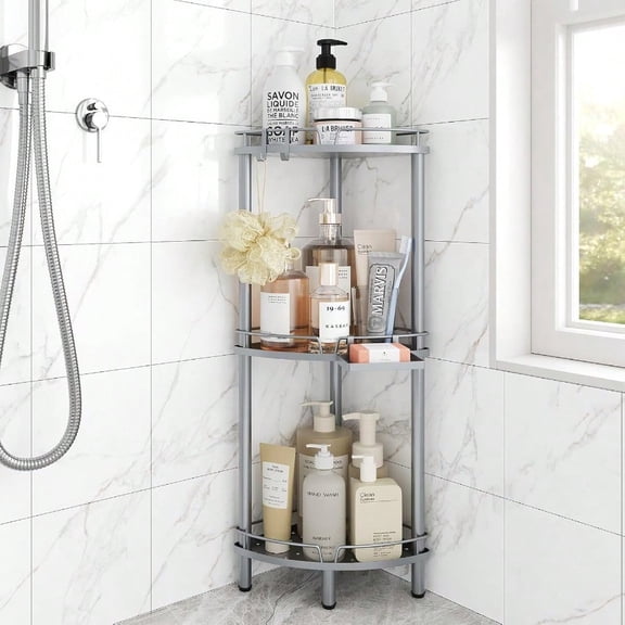 Corner Shower Caddy Standing 3 Tier Rustproof Metal Shower Organizer with Soap Holder Floor Shower Corner Shelf Rack Storage Stands with Adjustable Feet 2 Hooks for Bathroom Sier