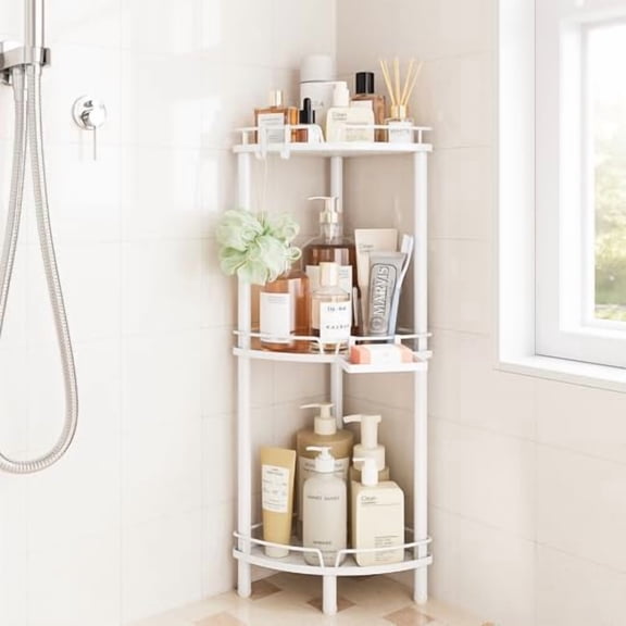 Corner Shower Caddy Standing, 3 Tier Rustproof Metal Shower Organizer with Soap Holder, Floor Shower Corner Shelf Rack Storage Stands with Adjustable Feet & 2 Hooks for Bathroom, White