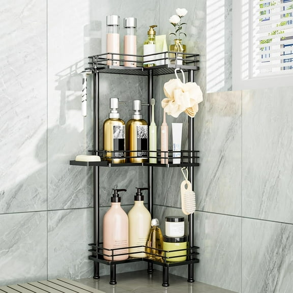 Corner Shower Caddy Standing - 3-Tier Stainless Steel Organizer with Soap Holder and 4 Hooks, Large Capacity Shelf Stand for Bathroom, Rest Room,