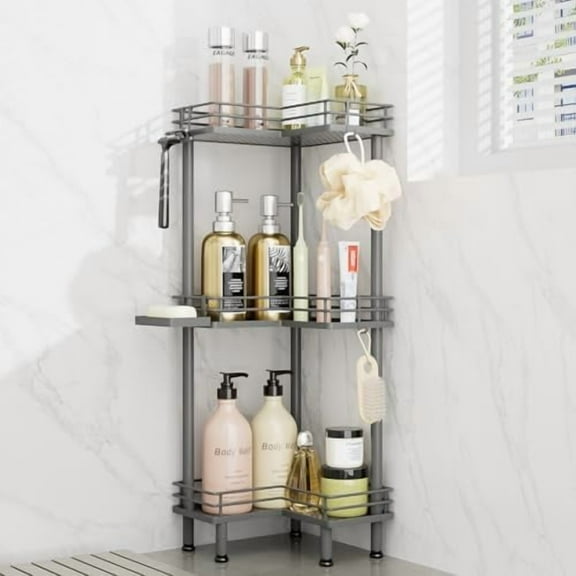 Corner Shower Caddy Standing - 3-Tier Stainless Steel Shower Organizer with Soap Holder and 4 Hooks, Large Capacity Corner Shelf Stand for Bathroom, Rest Room, Grey