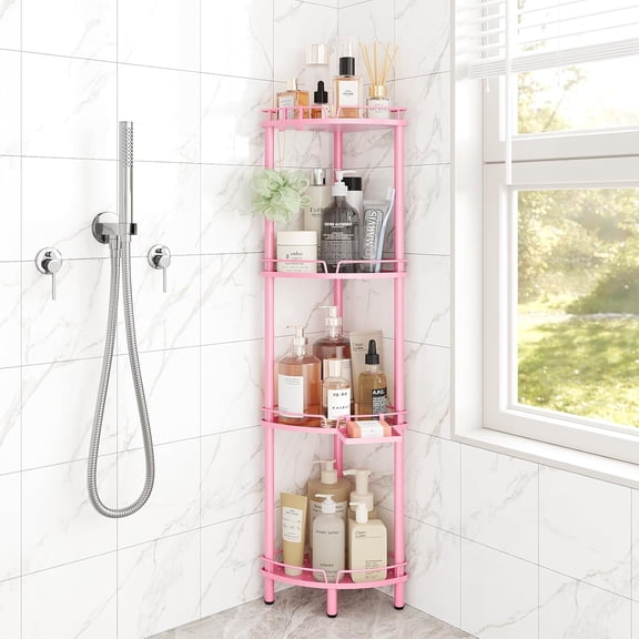 Corner Shower Caddy Standing, 4 Tier Rustproof Metal Shower Organizer with Soap Holder, Floor Shower Corner Shelf Rack Storage Stands with Adjustable Feet & 2 Hooks for Bathroom, Pink