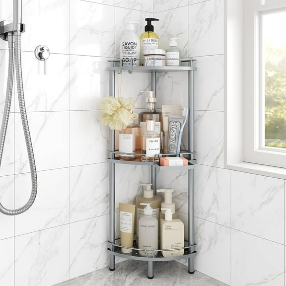 Corner Shower Caddy Standing, 3 Tier Rustproof Metal Shower Organizer with Soap Holder, Floor Shower Corner Shelf Rack Storage Stands with Adjustable Feet & 2 Hooks for Bathroom, Silver