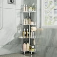 thumbnail image 1 of Corner Shower Caddy Standing - 4-Tier Stainless Steel Shower Organizer with Soap Holder and 4 Hooks, Large Capacity Corner Shelf Stand for Bathroom, Rest Room, White, 1 of 14