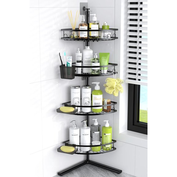 Corner Shower Caddy Standing: 4-tier Rustproof Shower Organizer Shelf - Floor Shower Corner Shelf Rack Stand for Bathroom Black