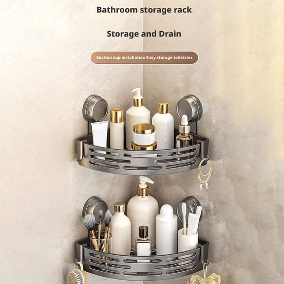 Corner Shower Caddy Storage Rack, No Drilling Adhesive Suction Cup Removable Hooks Powerful Suction for Bathroom Kitchen, By VINOIC