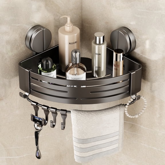 Sofinny Corner Shower Caddy Suction Cup, Pack No Drilling Shower Shelves Organizer Corner with Towel Bar & Multifunctional Hooks Wall Mounted (Gray)