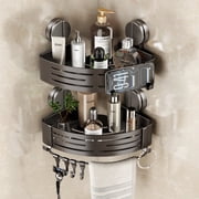 Sofinny Corner Shower Caddy Suction Cup, 2 Pack No Drilling Shower Shelves Organizer Corner with Towel Bar & Multifunctional Hooks Wall Mounted (Gray)