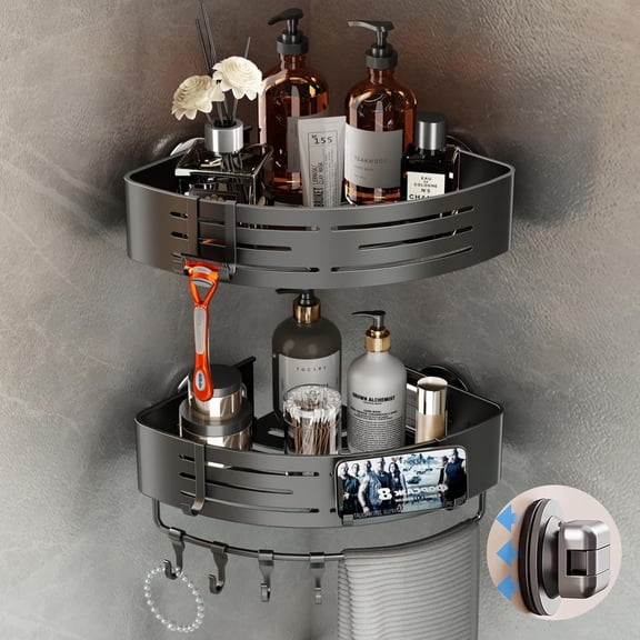 Corner Shower Caddy Suction Cup, 2 Pack Corner Shower Shelves No Drilling, Aluminum Upgrade Suction Cup Shower Organizer with Towel Bar & Hooks Removable Bathroom Storage Rack(Gray)