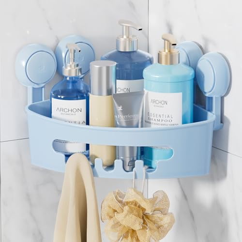 Corner Shower Caddy Suction Cup, Shower Caddy Basket Powerful Suction Bathroom, Waterproof & Rustproof Organizer for Bathroom Storage, No-Drilling Removable (Blue)