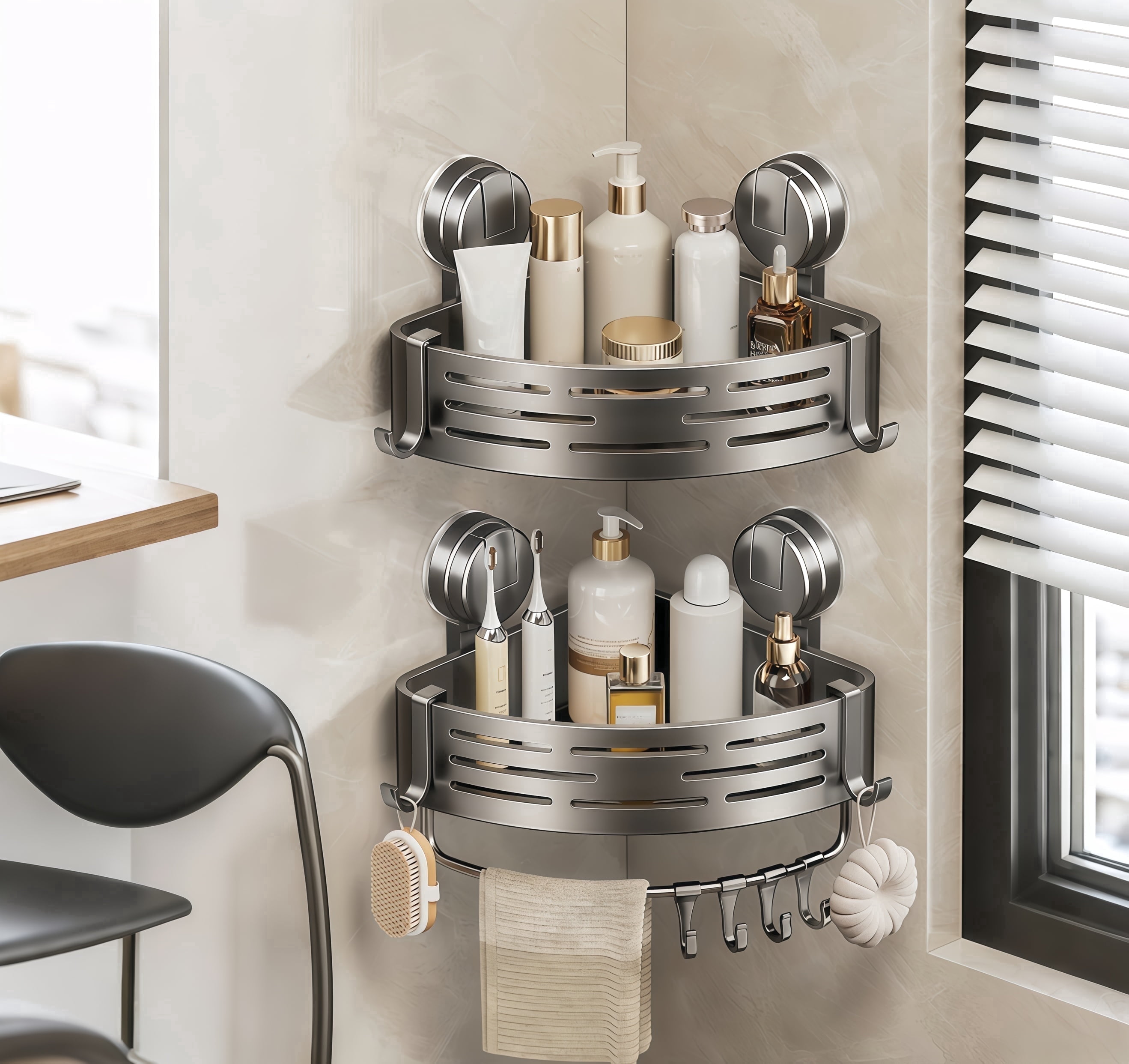 2 Pack Suction Corner Shower Caddy, No Drill Bathroom Organizer, Wall Mount Shower Shelves with Hooks, Removable Shower Caddies for Bathroom & Kitchen Storage