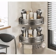 2 Pack Suction Corner Shower Caddy, No Drill Bathroom Organizer, Wall Mount Shower Shelves with Hooks, Removable Shower Caddies for Bathroom & Kitchen Storage