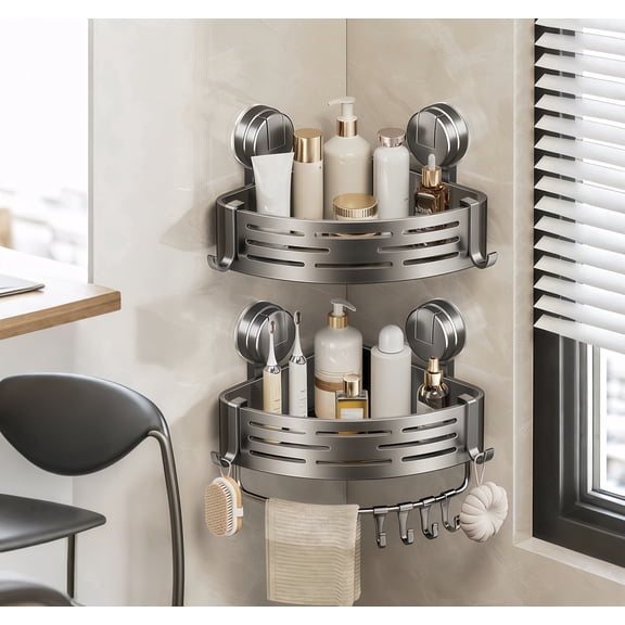 2 Pack Suction Corner Shower Caddy, No Drill Bathroom Organizer, Wall Mount Shower Shelves with Hooks, Removable Shower Caddies for Bathroom & Kitchen Storage