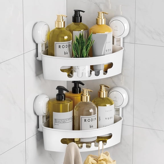 Corner Shower Caddy Suction Cup, shower shelves suction cup, 2 Pack Basket Powerful Bathroom, Waterproof & Oil-proof Organizer for Kitchen, No-Drilling Removable