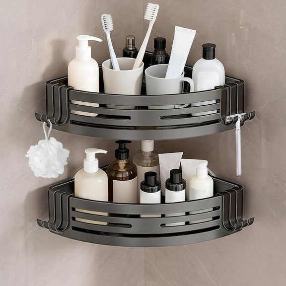 Corner Shower Caddy Suction Cups, Corner Shower Shelf for Inside Shower, Organizer Suction for Bathrooms Storage, No-Drilling Removable (Aluminum, 2-Pack, Gunmetal Gray)