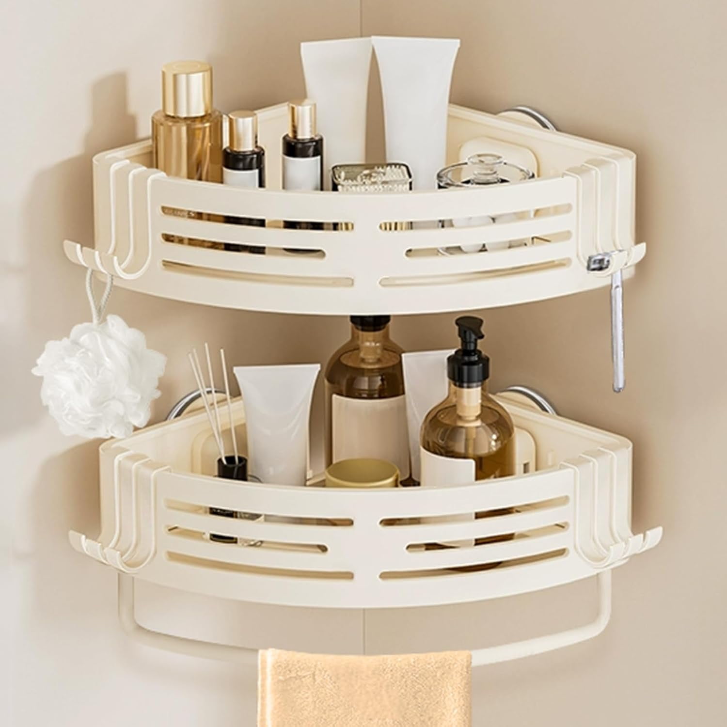 Corner Shower Caddy Suction Cups, Corner Shower Shelf With a Towel Bar, Shower Organizer Suction for Bathrooms Storage with Hooks, No-Drilling Removable (Aluminum, 2-Pack, Cream)
