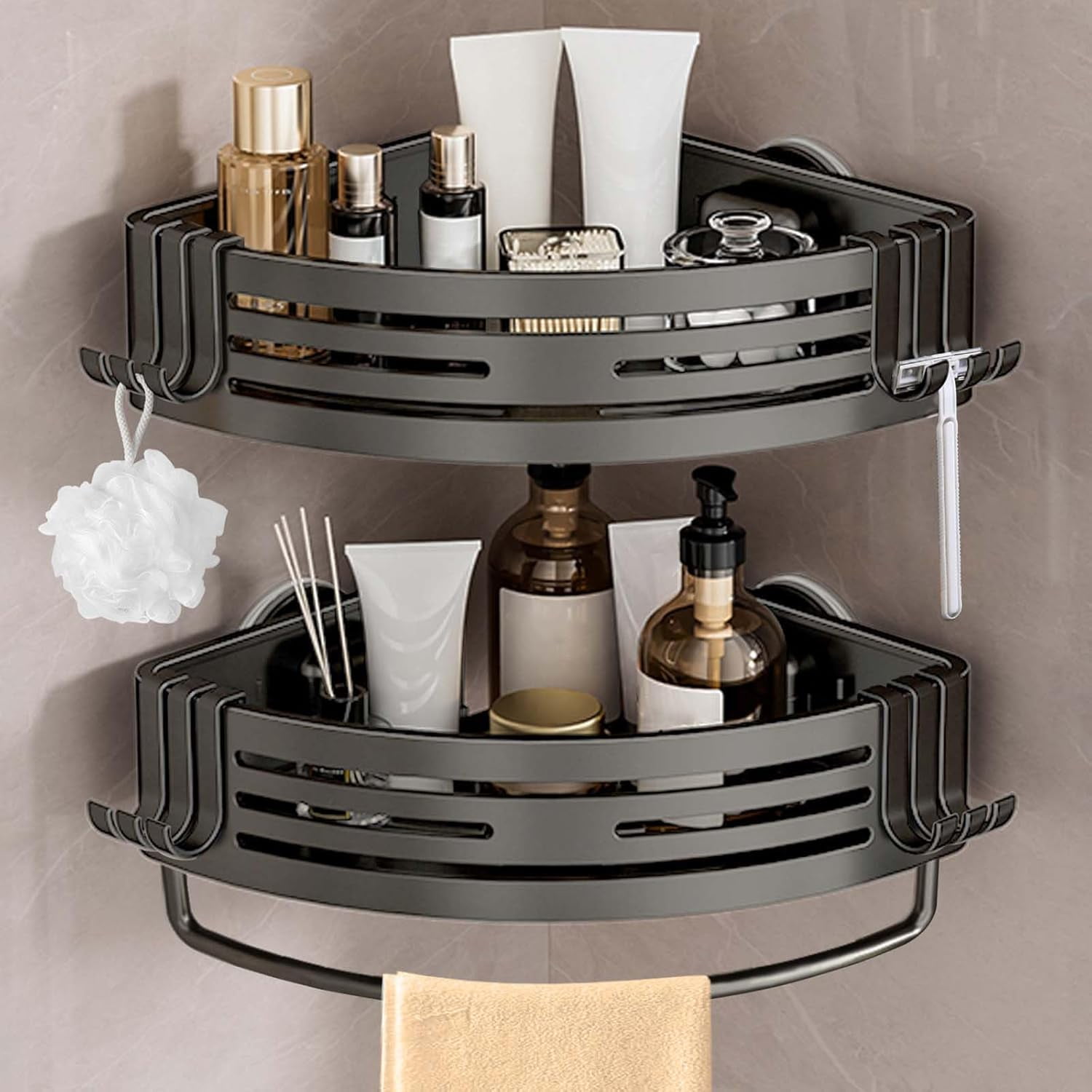 Corner Shower Caddy with Suction Cups, Shower Suction Shelf With Towel Bar, Wall Bathroom Shower Organizer Corner with Hooks, No-Drilling Removable (Aluminum, 2-Pack, Gunmetal Gray)