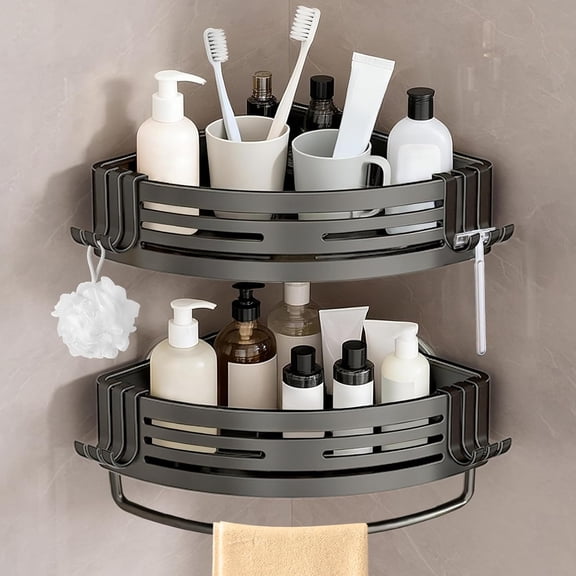 Corner Shower Caddy with Suction Cups, Shower Suction Shelf With Towel Bar, Wall Bathroom Shower Organizer Corner with Hooks, No-Drilling Removable (Aluminum, 2-Pack, Gunmetal Gray)