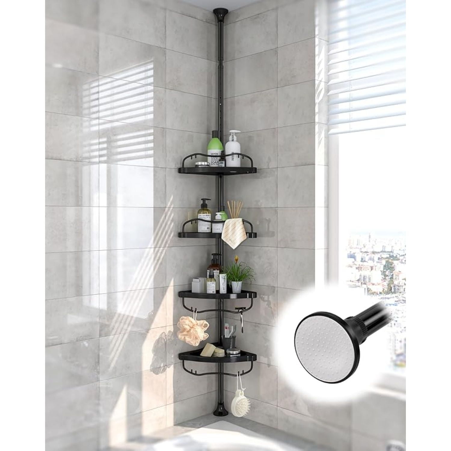 Adjustable Stainless Steel Corner Shower Caddy - Tension Pole Organizer, 54 To 125 Inches, Rust-Resistant