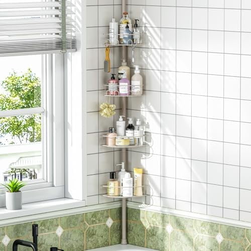 Corner Shower Caddy Tension Pole, 4 Tier Adjustable Bathroom Organizer Shelves, Shower Storage With Hidden Hook & Towel Holder,63.7-119 Inch No-Drill Quick Installation Shower Rack,Sliver