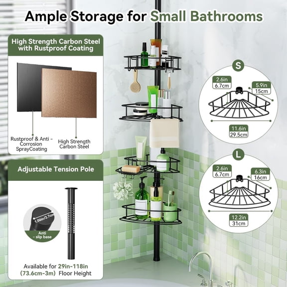 Corner Shower Caddy Tension Pole-4 Tier Adjustable Bathroom Shower Organizer with Soap Holder, Rustproof Shower Shelves Shower Rack for Inside Shower, Bathtub Shampoo Storage 29-118", Black
