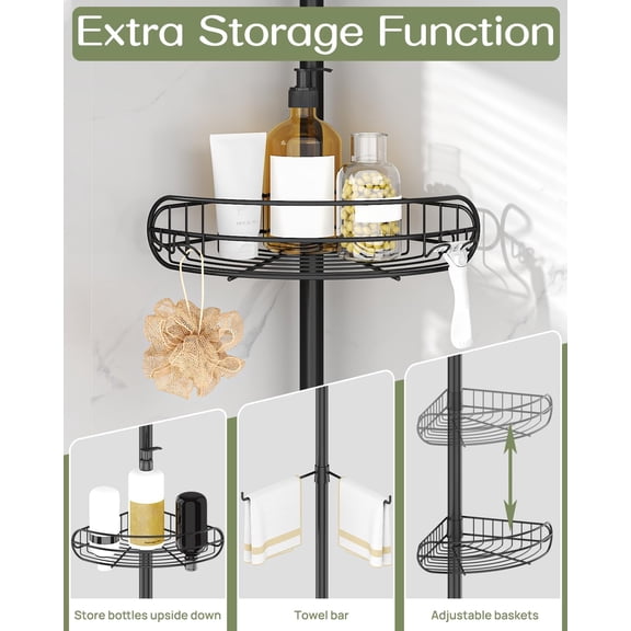 Corner Shower Caddy Tension Pole, 4-Tier Adjustable Shelves, Rustproof Bathroom Shower Organizer Corner for Inside Shower Storage, Tension Mounted, 39 to 115 Inch Height, Black
