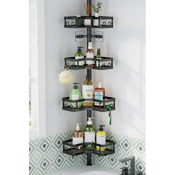 Corner Shower Caddy Tension Pole, Adjustable Shower Organizer Corner 62-115 Inch, Rustproof Bathroom Storage Shower Shelves, Black