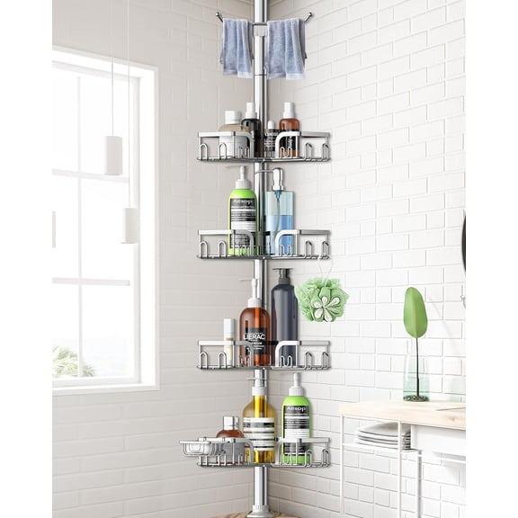 Corner Shower Caddy Tension Pole 4 Tier Adjustable Stainless Steel Shower Shelf for Inside Shower Bathtub Shampoo,Standing Bathroom Organizer Shelves with 39 to 113 inch Height
