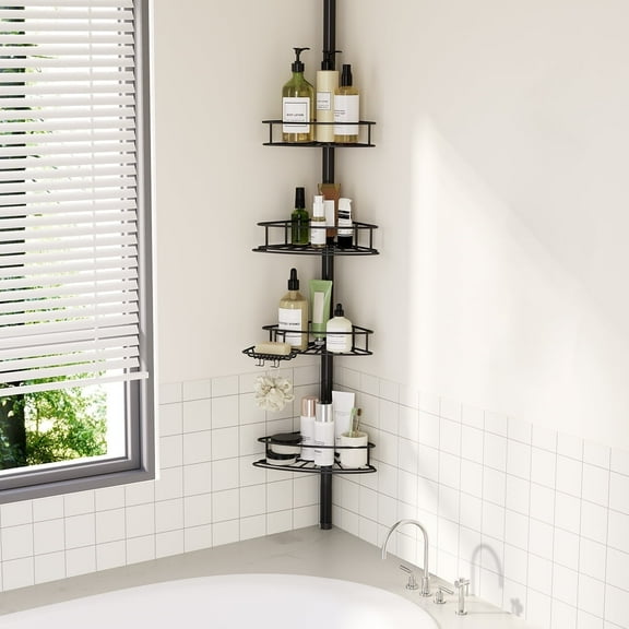 Corner Shower Caddy Tension Pole - 4 Tier Adjustable (30.7"-118") Bathroom Shower Organizer with Soap Holder, Rustproof Shower Shelves Shower Rack