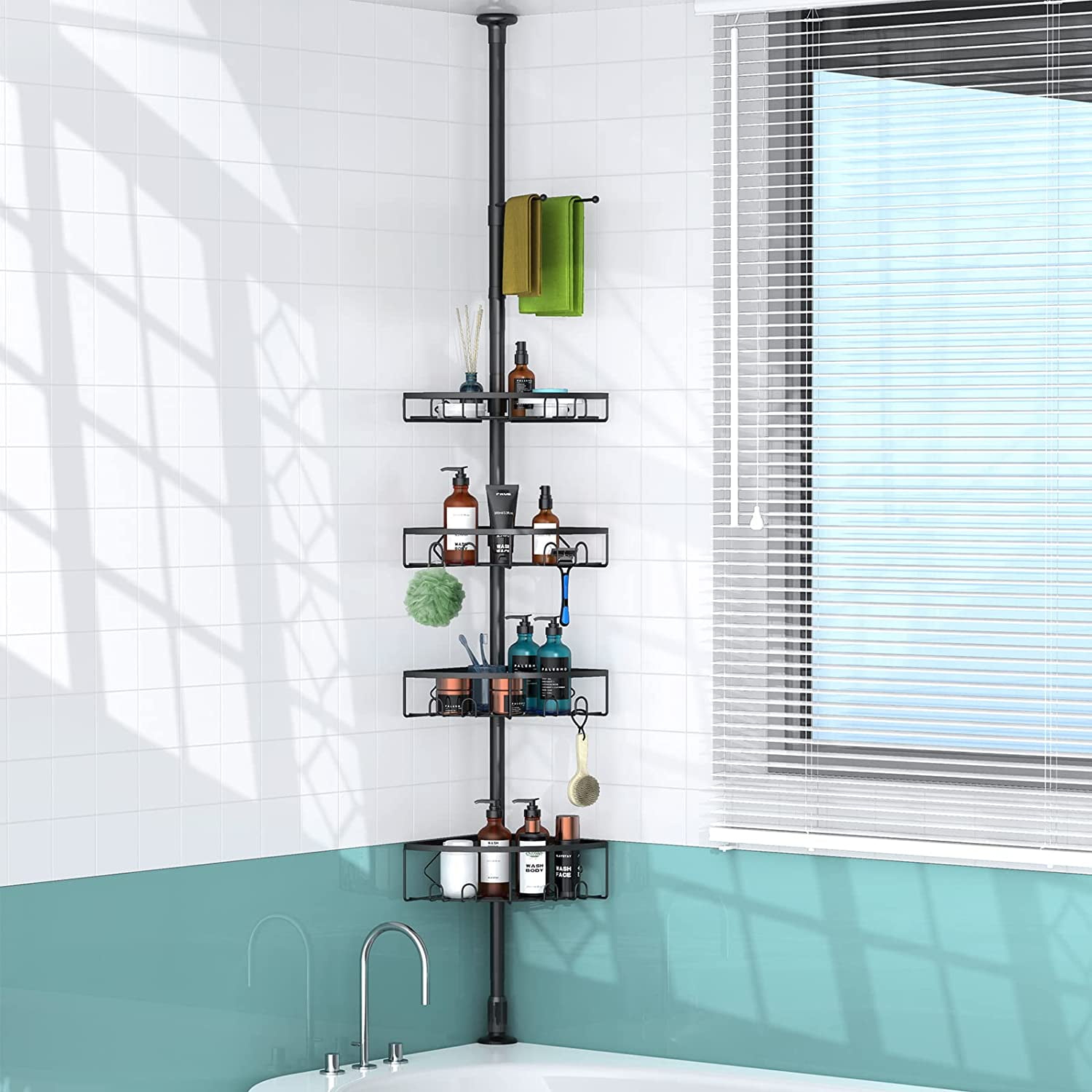 Black Adjustable Height 4-Tier Corner Shower Caddy