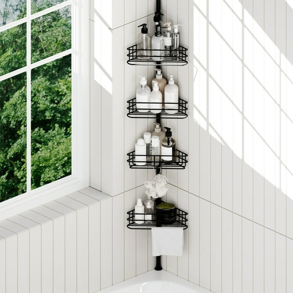 GARITIN Shower Caddy, Bathroom Shower Shelf Organizer, Corner Shower Racks for Inside, 4-Tier Adjustable Shelves with Tension Pole Bath Caddy Storage, Black