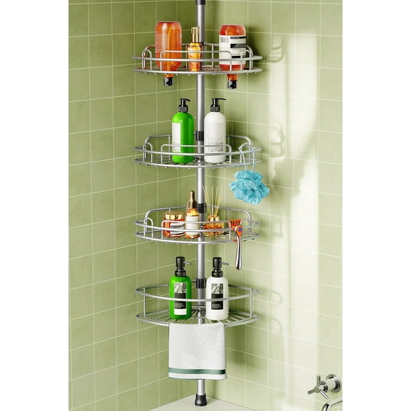 Corner Shower Caddy Tension Pole: 4-Tier Rust-Resistant Adjustable Bathroom Organizer Shelves - 47-121 Inch No-Drill Quick Installation - Space-Saving Storage for Renters Family - Silver Gray