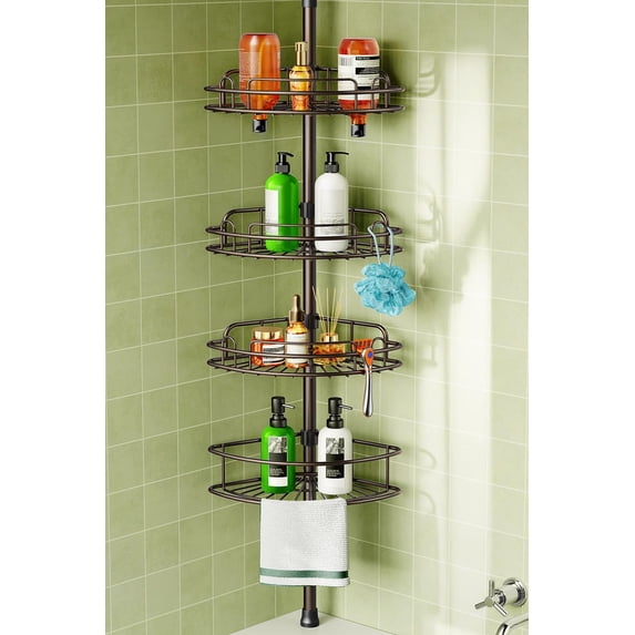No-Drill Quick Installation Tension Pole Shower Caddy – 4-Tier Adjustable Corner Shelves, Rust-Resistant, 47-121 Inch, Space-Saving Storage for Renters & Family