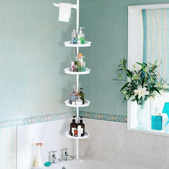 Corner Shower Caddy Tension Pole - 4 Tier Rustproof Adjustable Standing Shelves for Bathtub Shampoo Accessories Storage 39 to 113 Inch - White