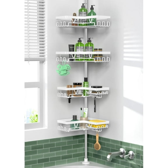 Corner Shower Caddy Tension Pole - 4-Tier Rustproof Bathroom Organizer, Floor to Ceiling Shower Caddy 25-114.2 inch, No Drilling Shower Storage Rack for Shampoo, Towels (Matte White)