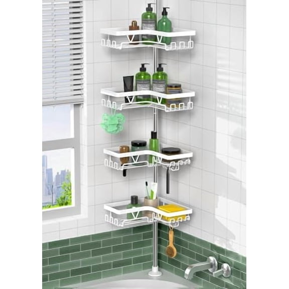 Corner Shower Caddy Tension Pole - 4-Tier Rustproof Bathroom Organizer, Floor to Ceiling Shower Caddy 25-114.2 inch, No Drilling Shower Storage Rack for Shampoo, Towels (Matte White)