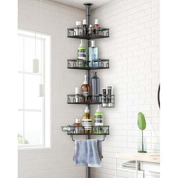 Corner Shower Caddy Tension Pole, 4-Tier Rustproof Bathroom Organizer Storage for Inside Shower Bathtub Shampoo,39 to 113 Inch Adjustable Floor Standing Shelves Black