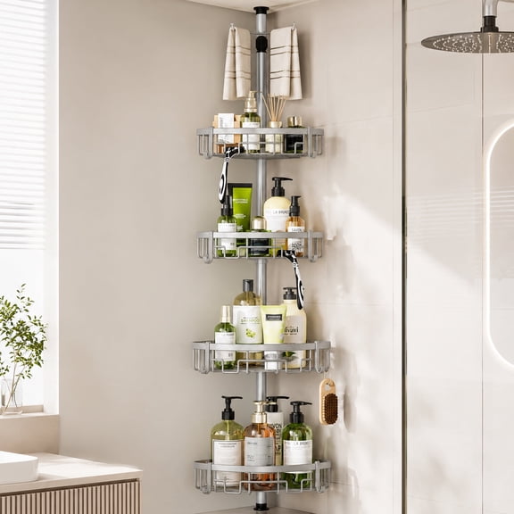 Corner Shower Caddy Tension Pole, 4-Tier Rustproof Bathroom Storage Shelf, Adjustable 62-115 Inch Bathtub Organizer, Silver